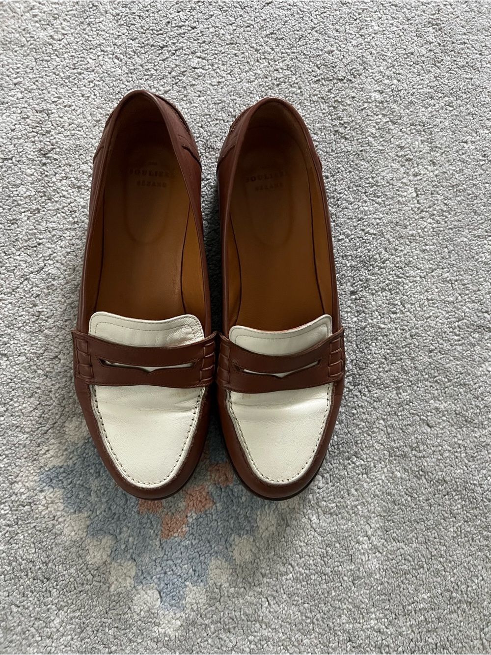 Sezane Two-Tone Brown and White Leather Penny Loafers